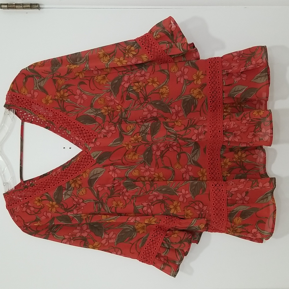 Women's Floral Sheer Flowy With Eyelet Details Blouse
